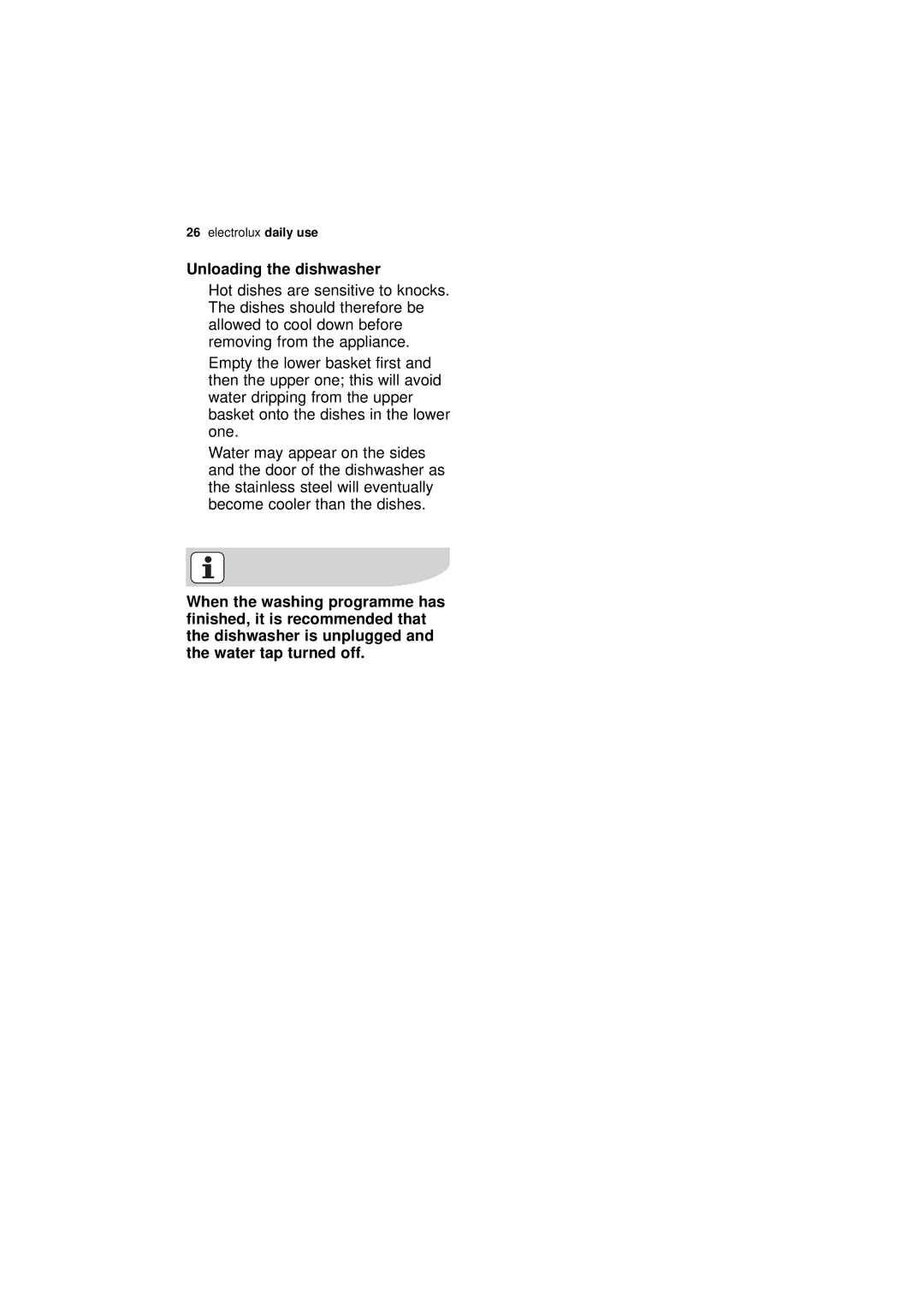 Electrolux ESF 46010 user manual Unloading the dishwasher 