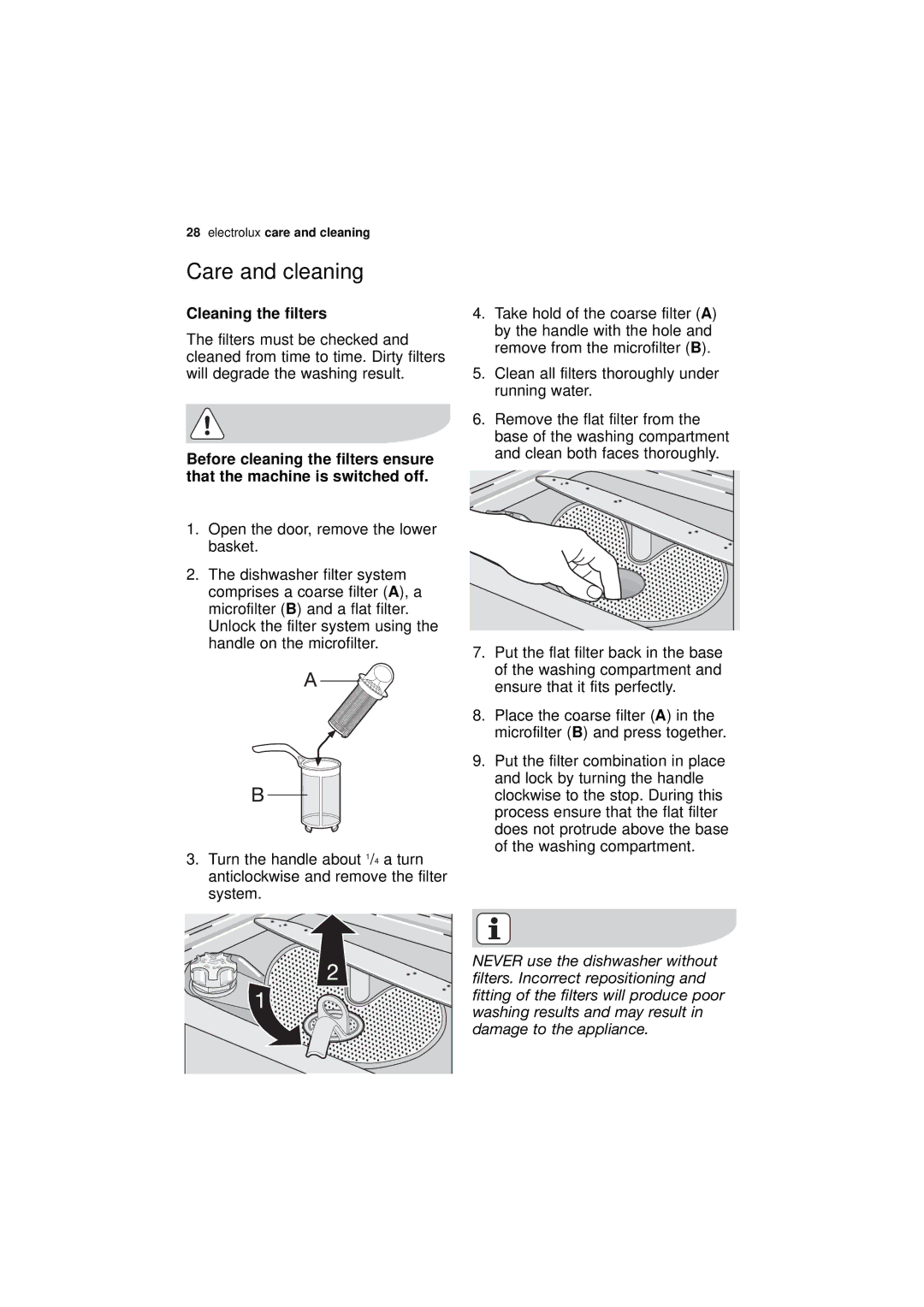 Electrolux ESF 46010 user manual Care and cleaning, Cleaning the filters 