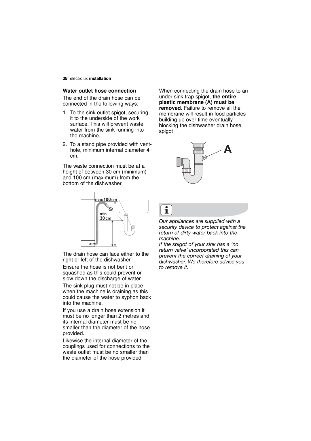 Electrolux ESF 46010 user manual Water outlet hose connection 