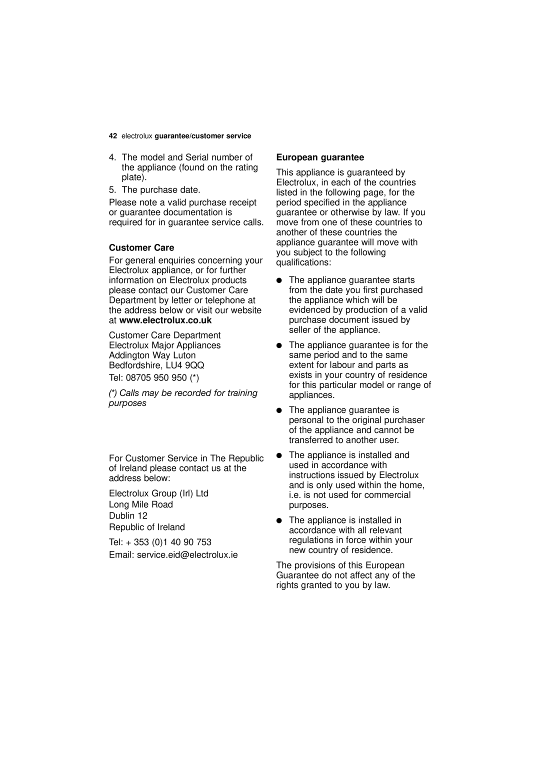 Electrolux ESF 46010 user manual Customer Care, European guarantee 