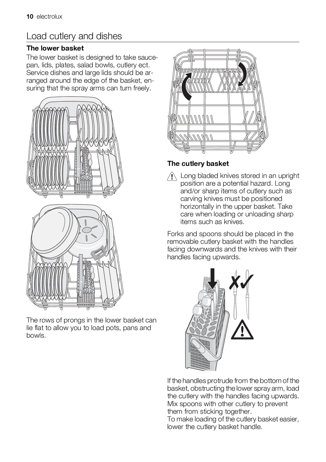 Electrolux ESF 46710 user manual Load cutlery and dishes, Lower basket, Cutlery basket 