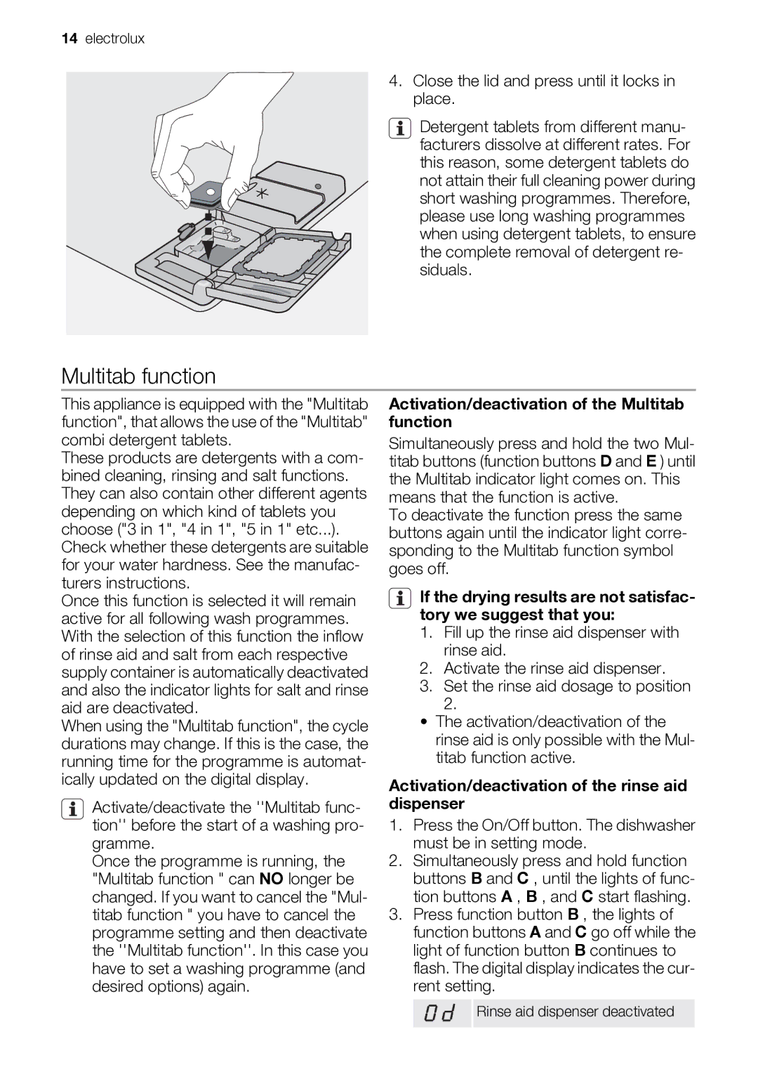 Electrolux ESF 46710 user manual Activation/deactivation of the Multitab function 