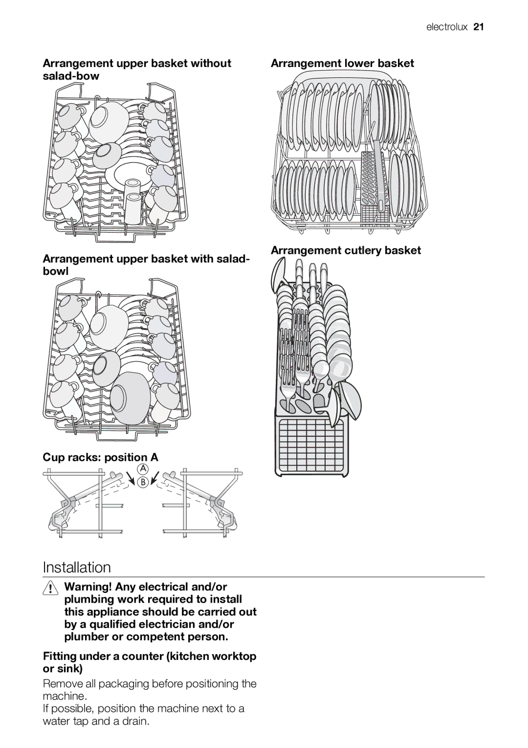 Electrolux ESF 46710 user manual Installation, Fitting under a counter kitchen worktop or sink 