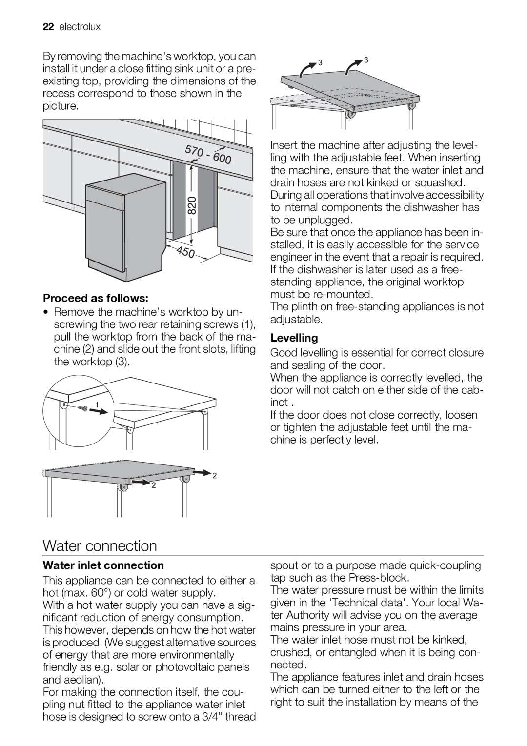 Electrolux ESF 46710 user manual Water connection, Proceed as follows, Levelling, Water inlet connection 