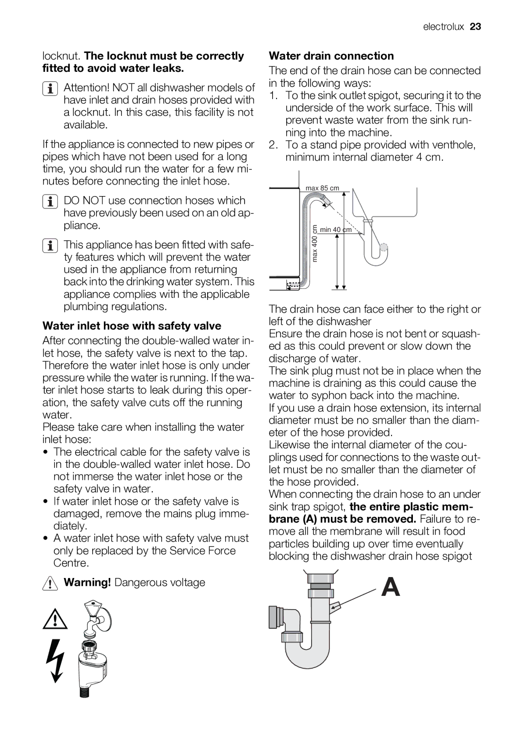 Electrolux ESF 46710 user manual Water inlet hose with safety valve, Water drain connection 