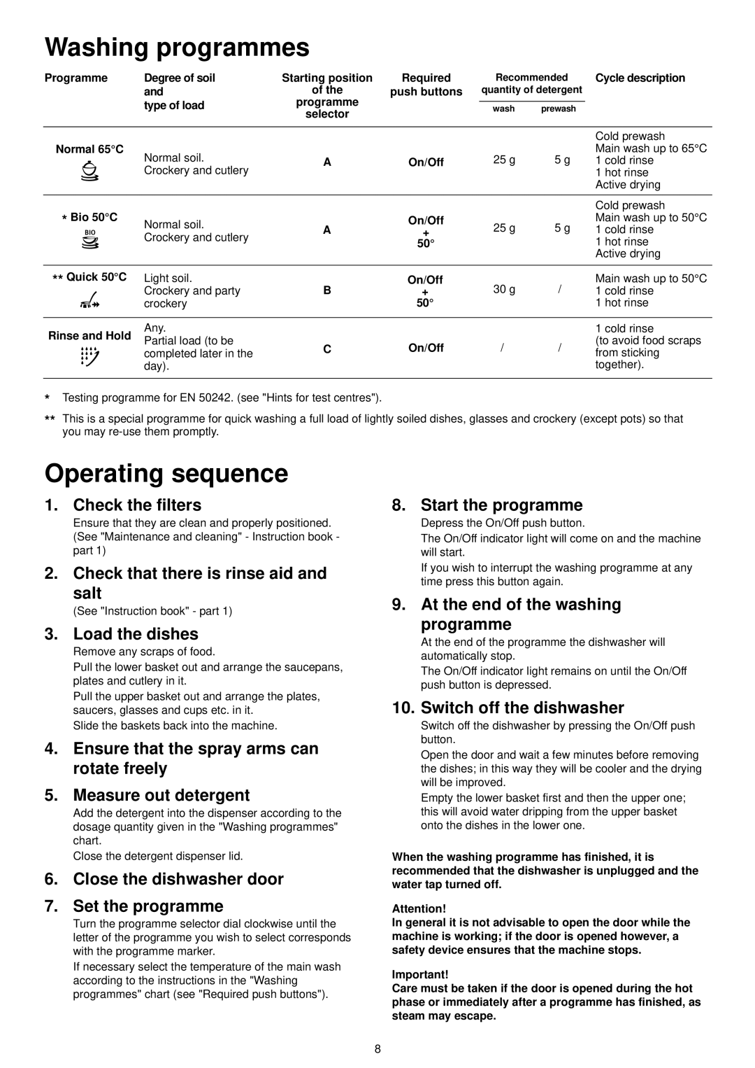 Electrolux ESF 6100 manual Washing programmes, Operating sequence 