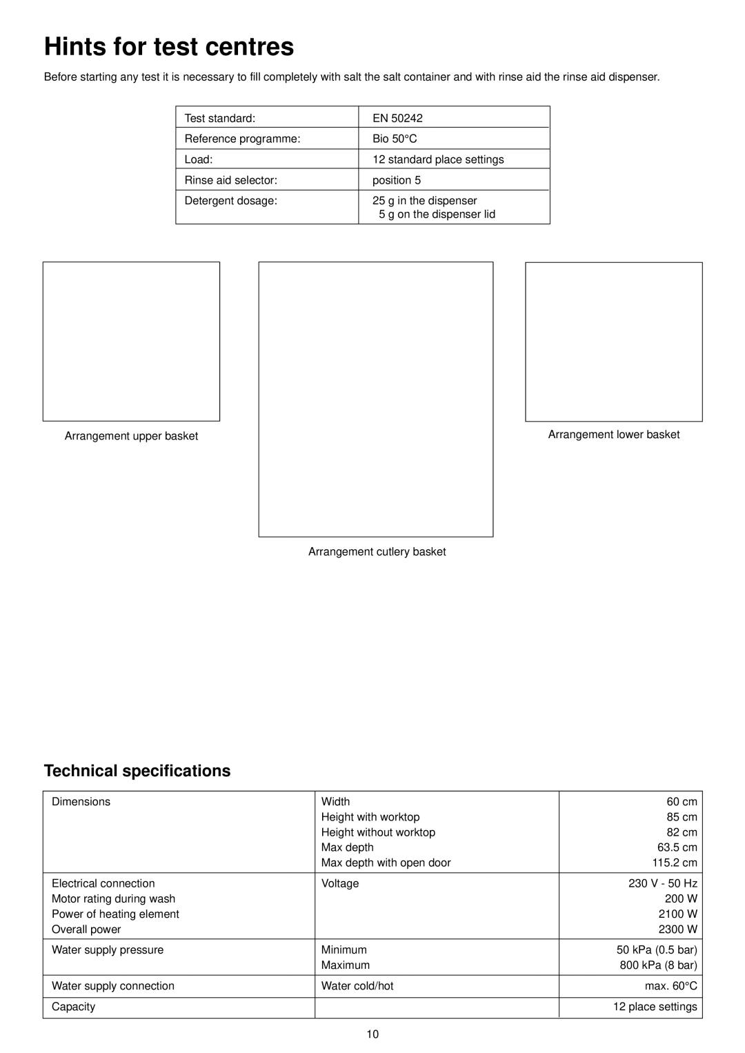 Electrolux ESF 6100 manual Hints for test centres, Technical specifications 