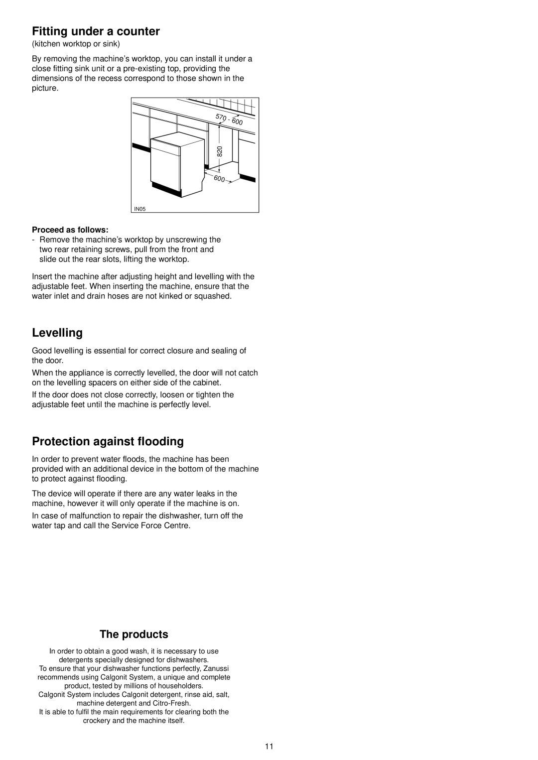 Electrolux ESF 6100 manual Fitting under a counter, Levelling, Protection against flooding, Kitchen worktop or sink 