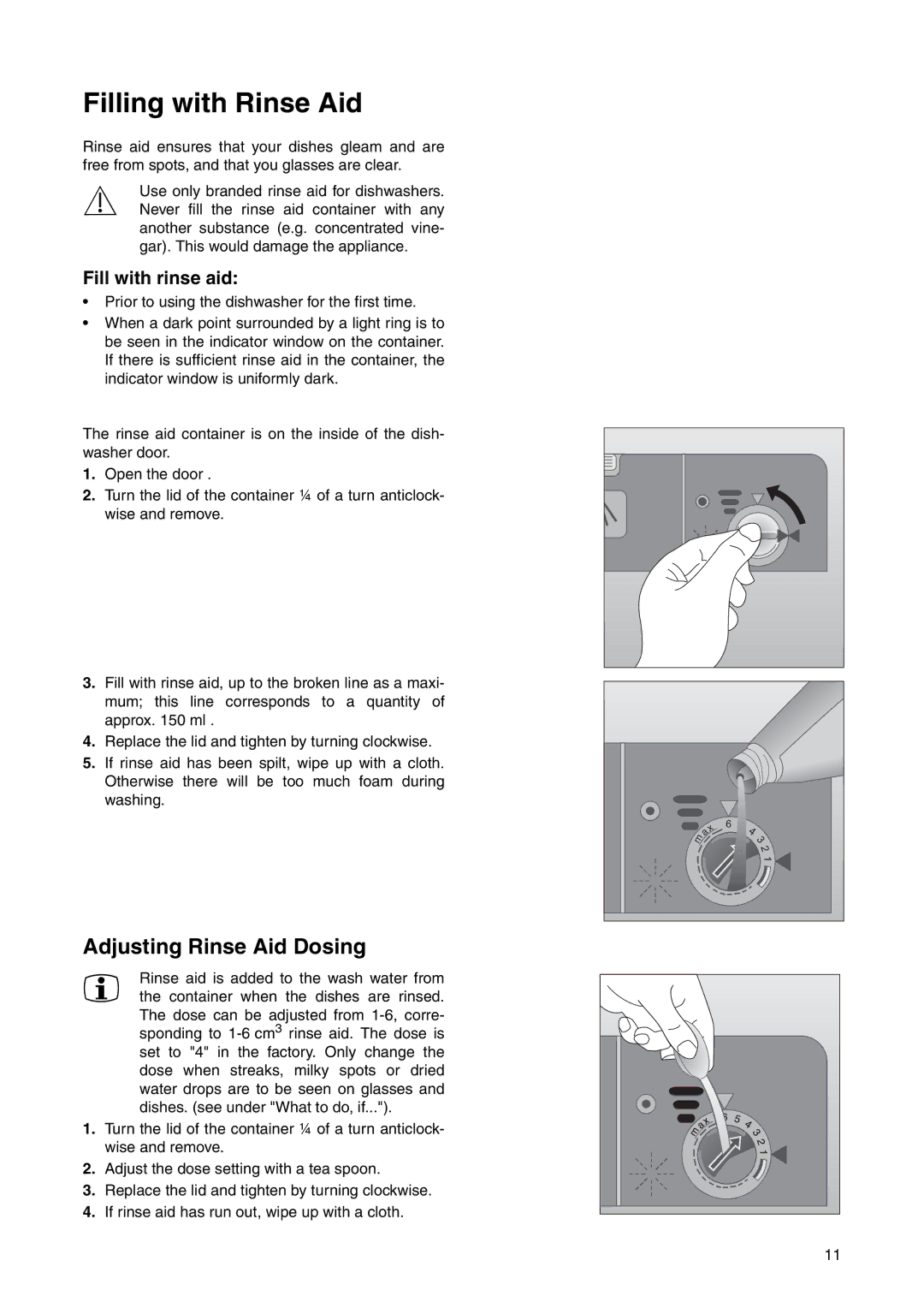 Electrolux ANC 822, ESF 631 manual Filling with Rinse Aid, Adjusting Rinse Aid Dosing, Fill with rinse aid 