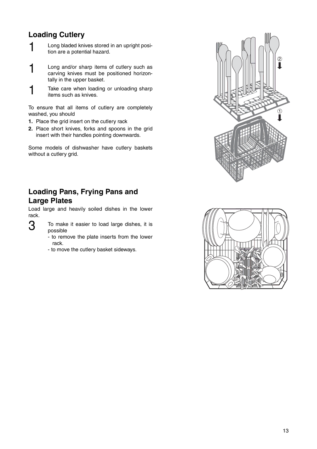 Electrolux ANC 822, ESF 631 manual Loading Cutlery, Loading Pans, Frying Pans and Large Plates 