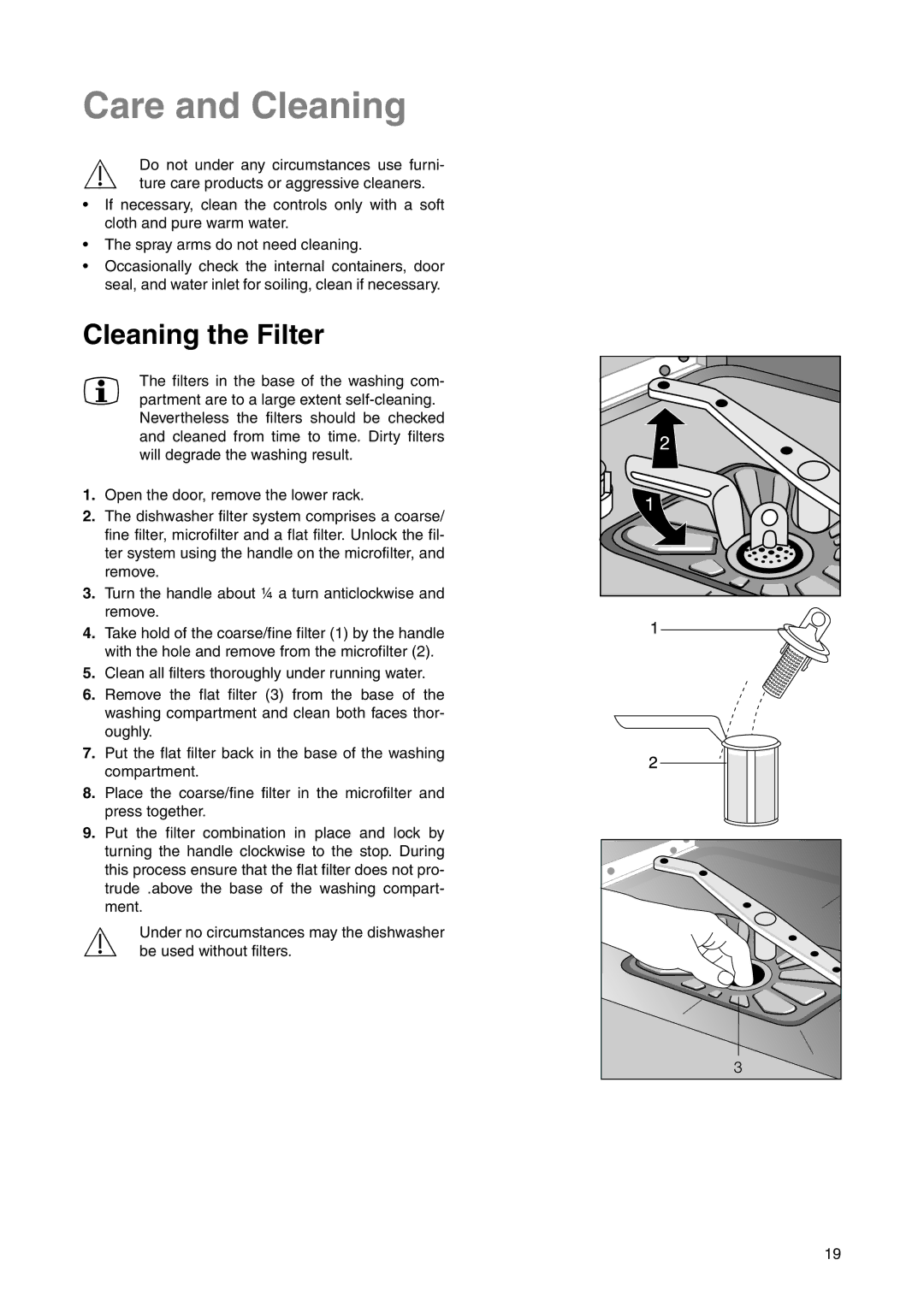 Electrolux ANC 822, ESF 631 manual Care and Cleaning, Cleaning the Filter 