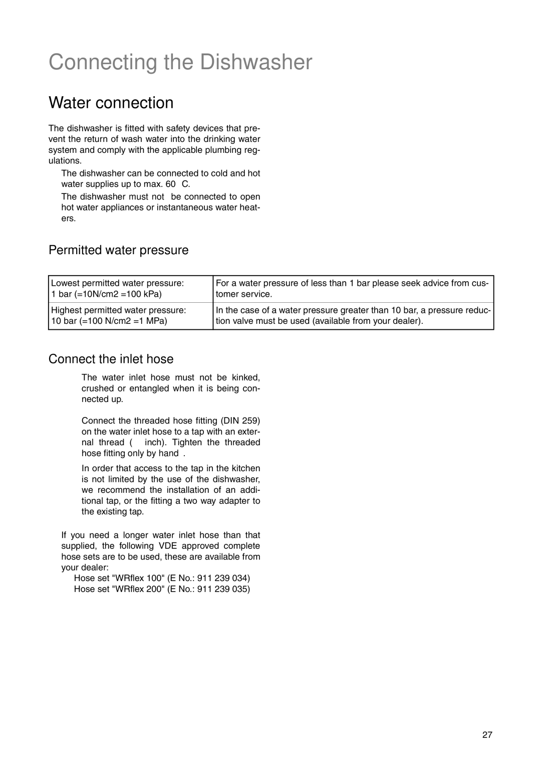 Electrolux ANC 822, ESF 631 Connecting the Dishwasher, Water connection, Permitted water pressure, Connect the inlet hose 