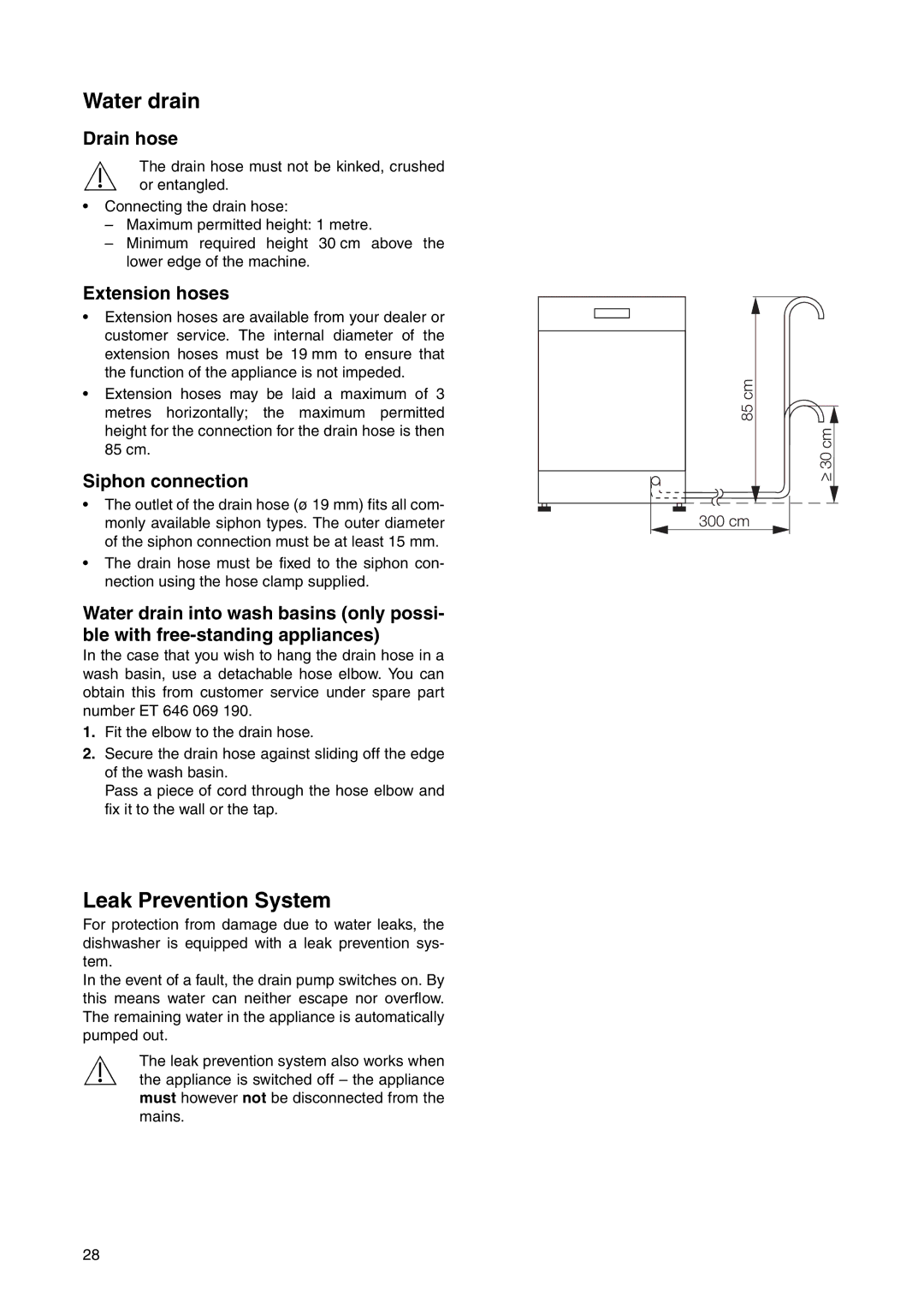 Electrolux ESF 631, ANC 822 manual Water drain, Leak Prevention System, Drain hose, Extension hoses, Siphon connection 