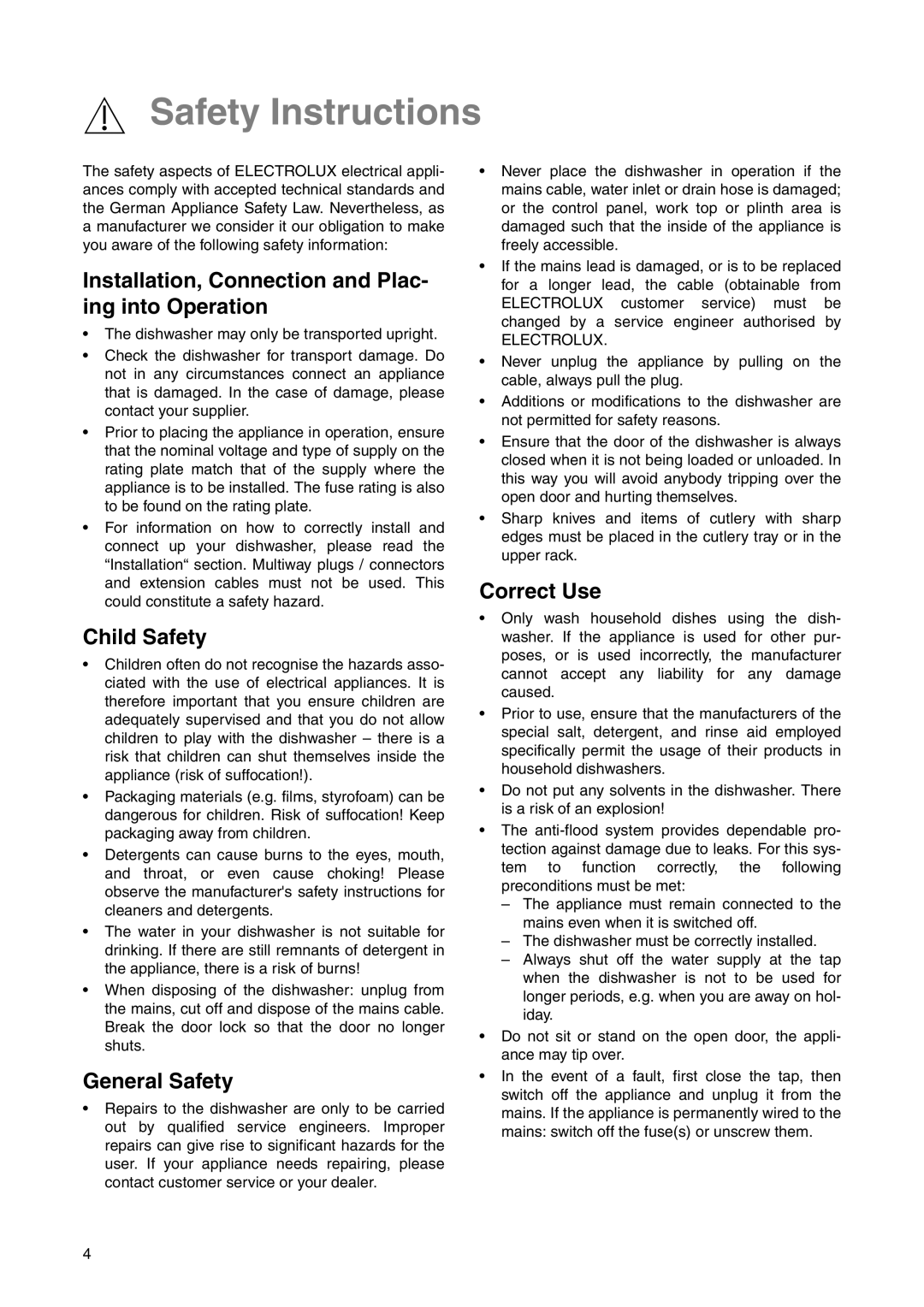 Electrolux ESF 631 Safety Instructions, Installation, Connection and Plac- ing into Operation, Child Safety, Correct Use 