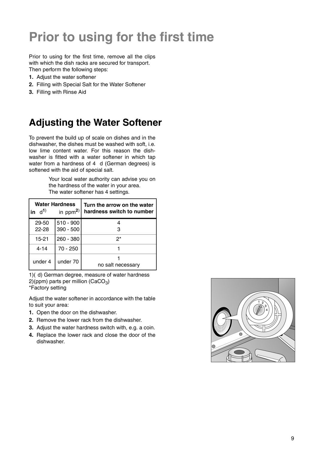 Electrolux ANC 822, ESF 631 manual Prior to using for the first time, Adjusting the Water Softener 