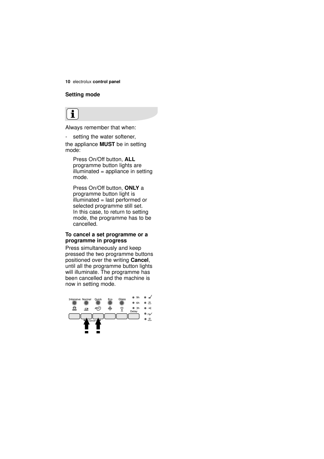 Electrolux ESF 64010 user manual Setting mode, To cancel a set programme or a programme in progress 