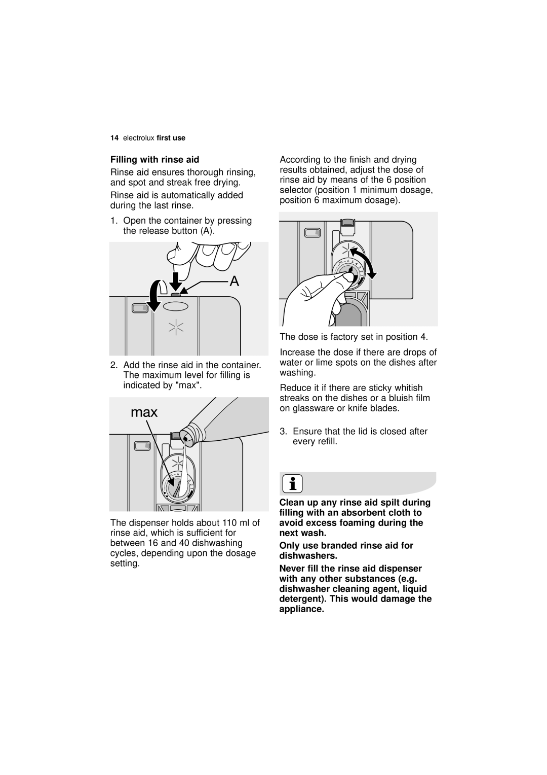 Electrolux ESF 64010 user manual Filling with rinse aid 