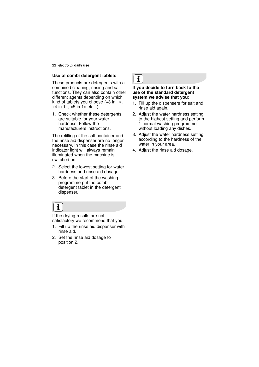 Electrolux ESF 64010 user manual Use of combi detergent tablets 