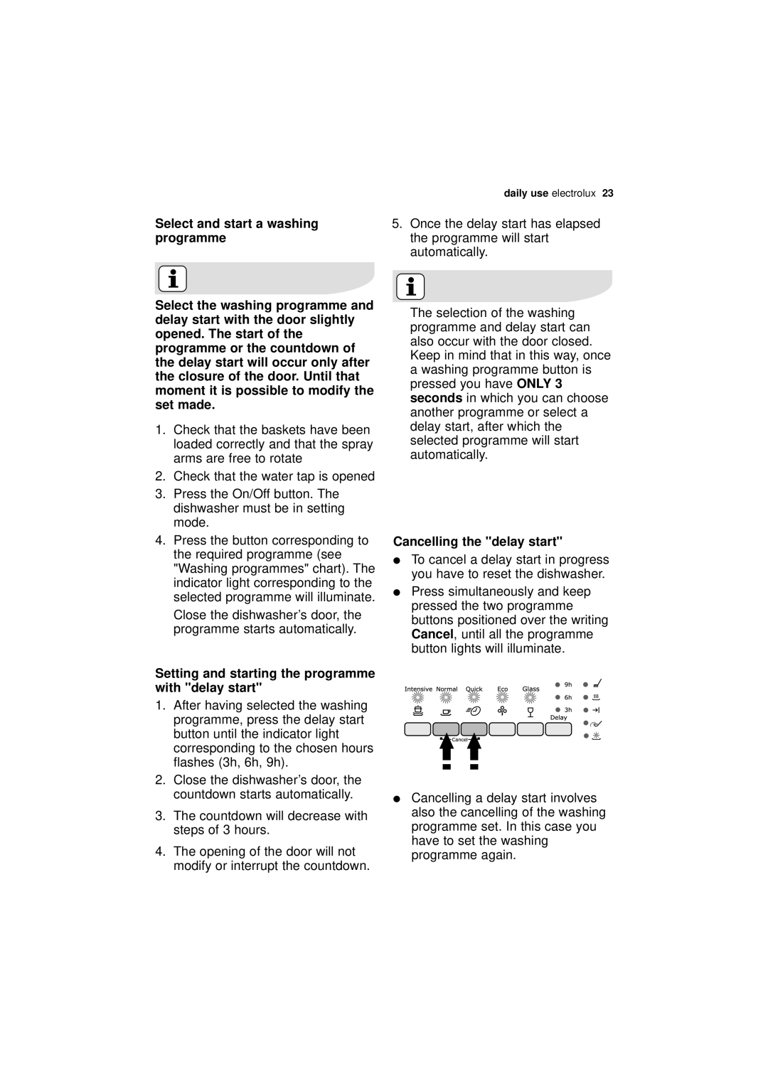 Electrolux ESF 64010 user manual Setting and starting the programme with delay start, Cancelling the delay start 