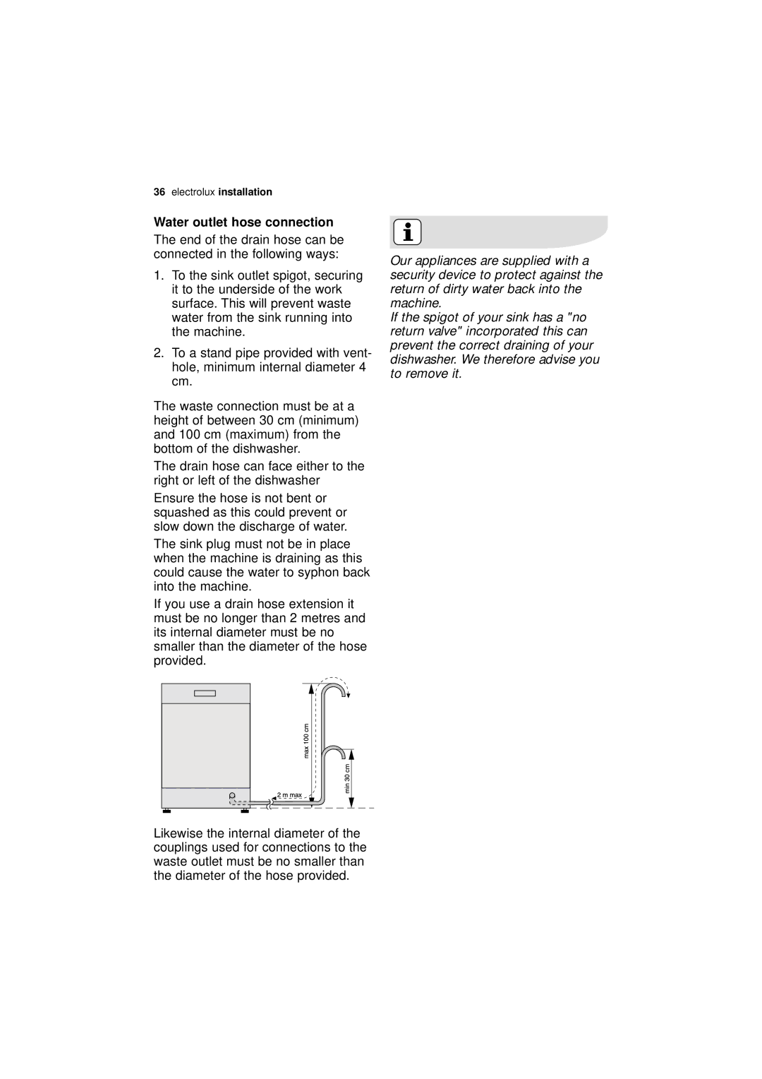 Electrolux ESF 64010 user manual Water outlet hose connection 