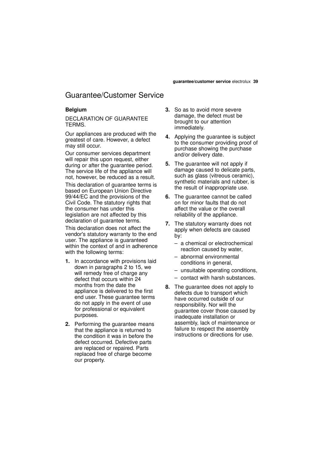 Electrolux ESF 64010 user manual Guarantee/Customer Service, Belgium 