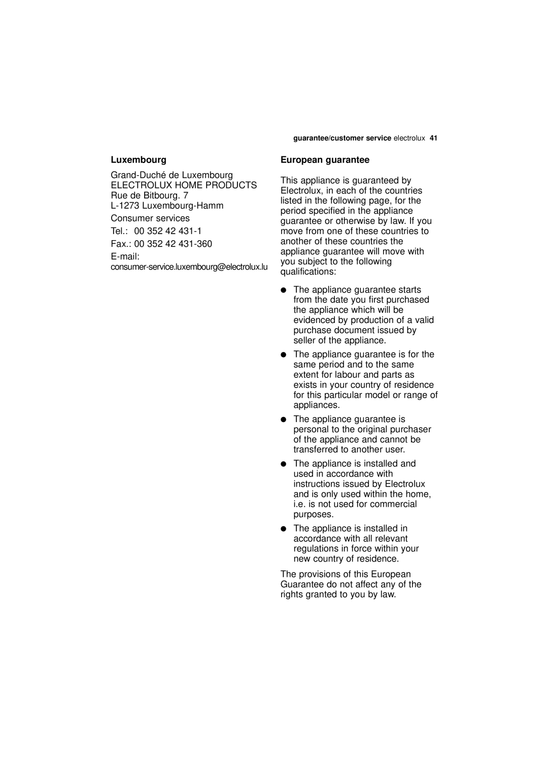 Electrolux ESF 64010 user manual Luxembourg, European guarantee 