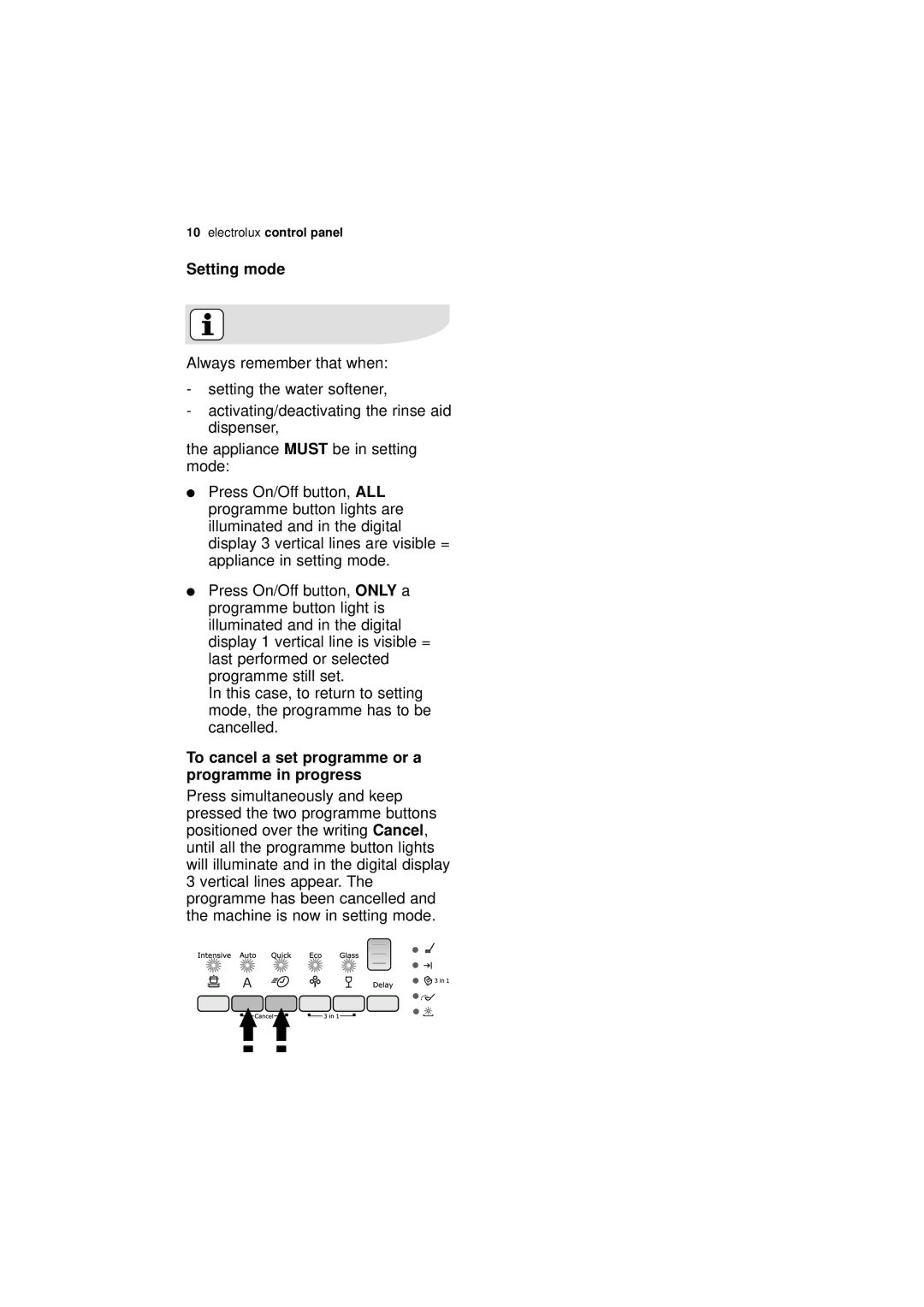 Electrolux ESF 65020 user manual Setting mode 