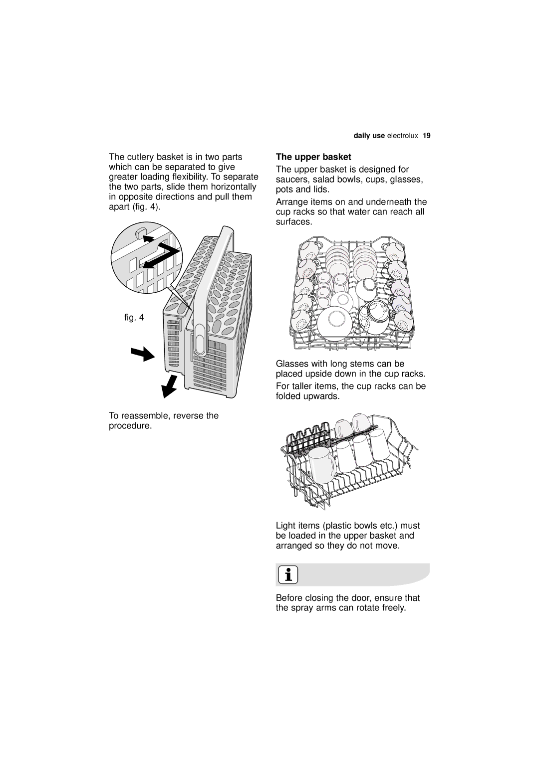 Electrolux ESF 65020 user manual Upper basket, For taller items, the cup racks can be folded upwards 