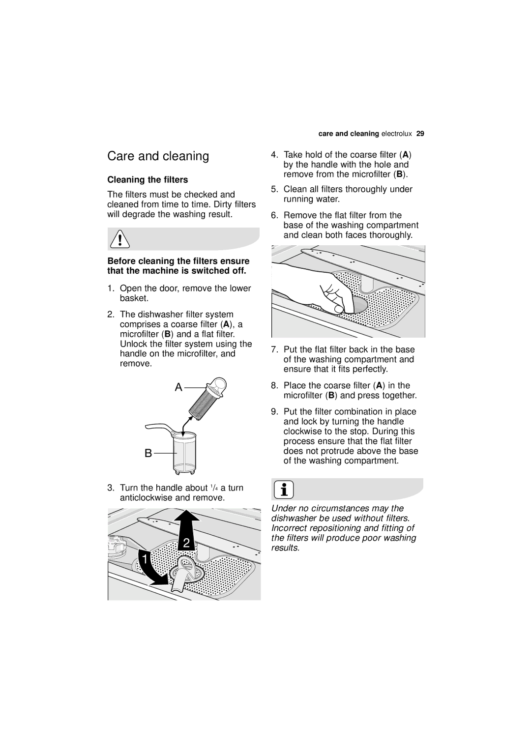 Electrolux ESF 65020 user manual Care and cleaning, Cleaning the filters, Microfilter, Together 