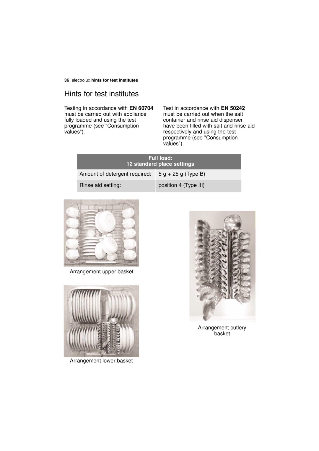 Electrolux ESF 65020 user manual Testing in accordance with Test in accordance with, Values, Arrangement lower basket 