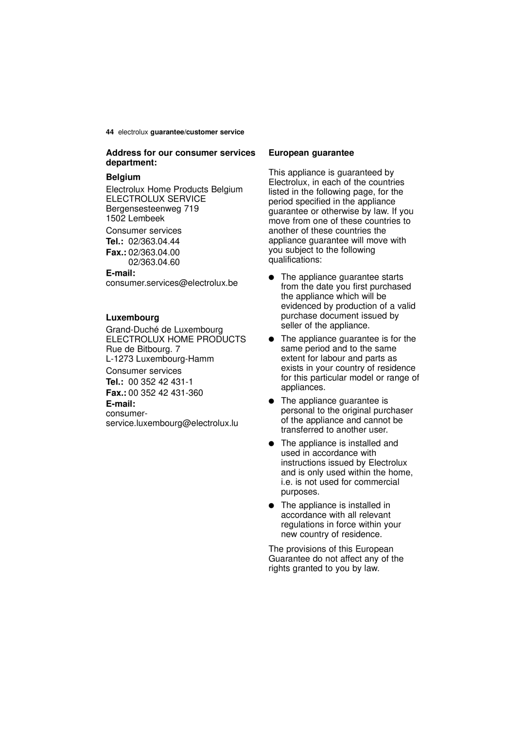 Electrolux ESF 65020 user manual Luxembourg, European guarantee 