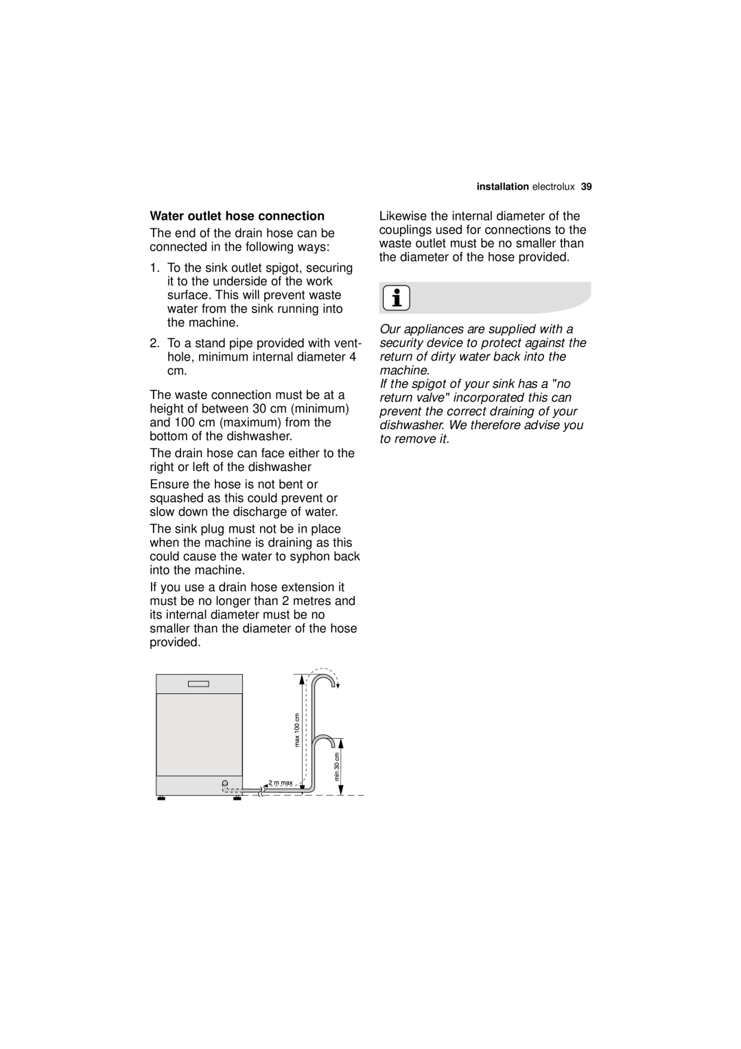 Electrolux ESF 65020 user manual Water outlet hose connection 