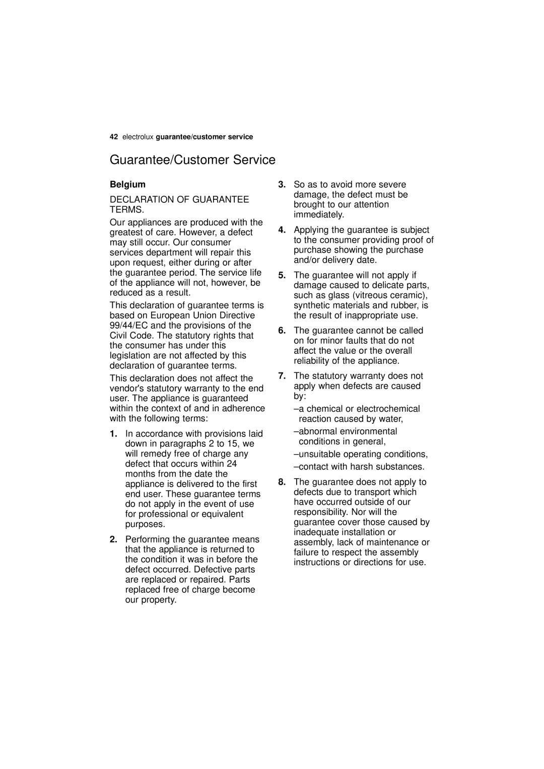 Electrolux ESF 65020 user manual Guarantee/Customer Service, Belgium, Declaration Of Guarantee Terms, electrolux 