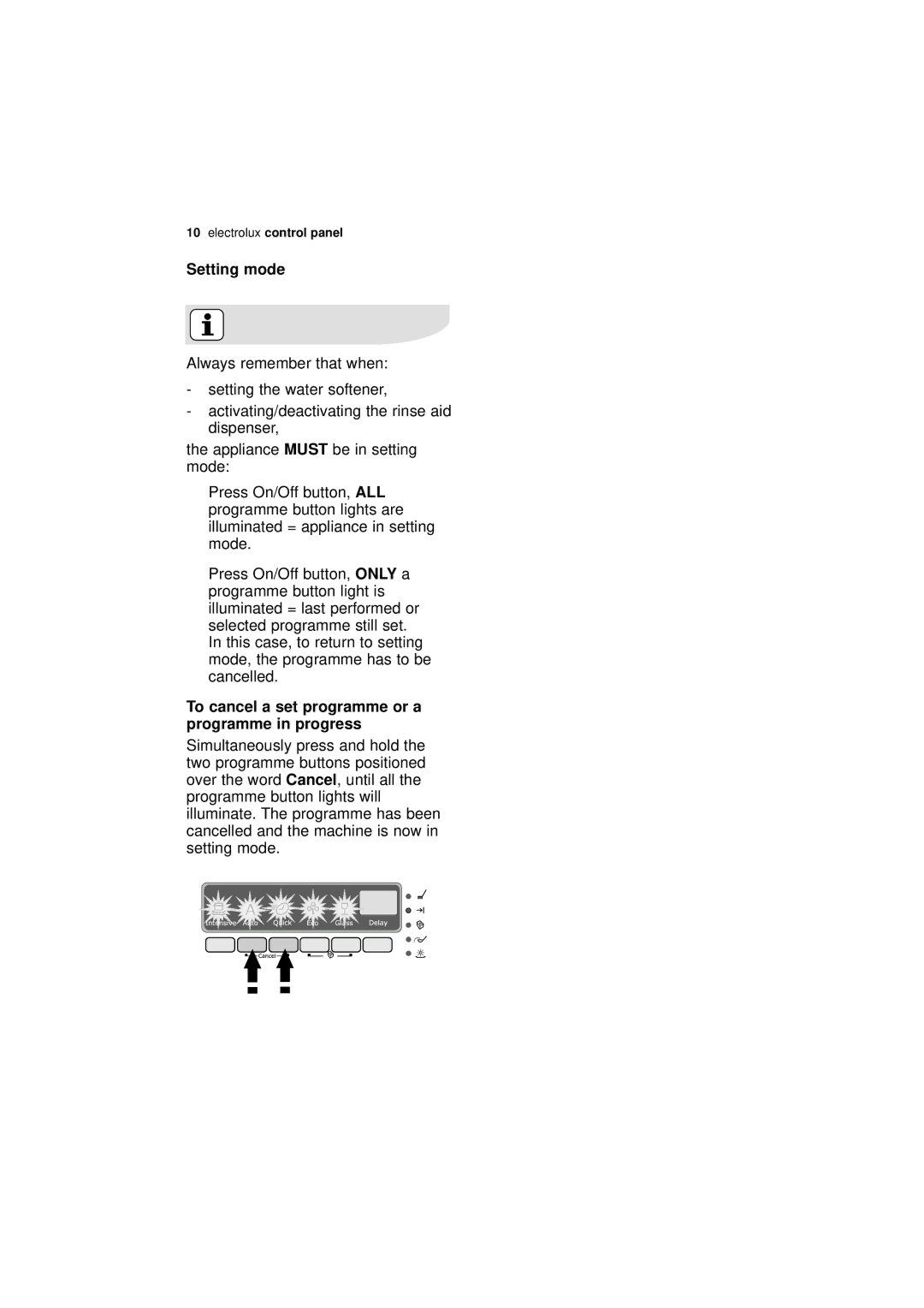 Electrolux ESF 66010 user manual Setting mode 