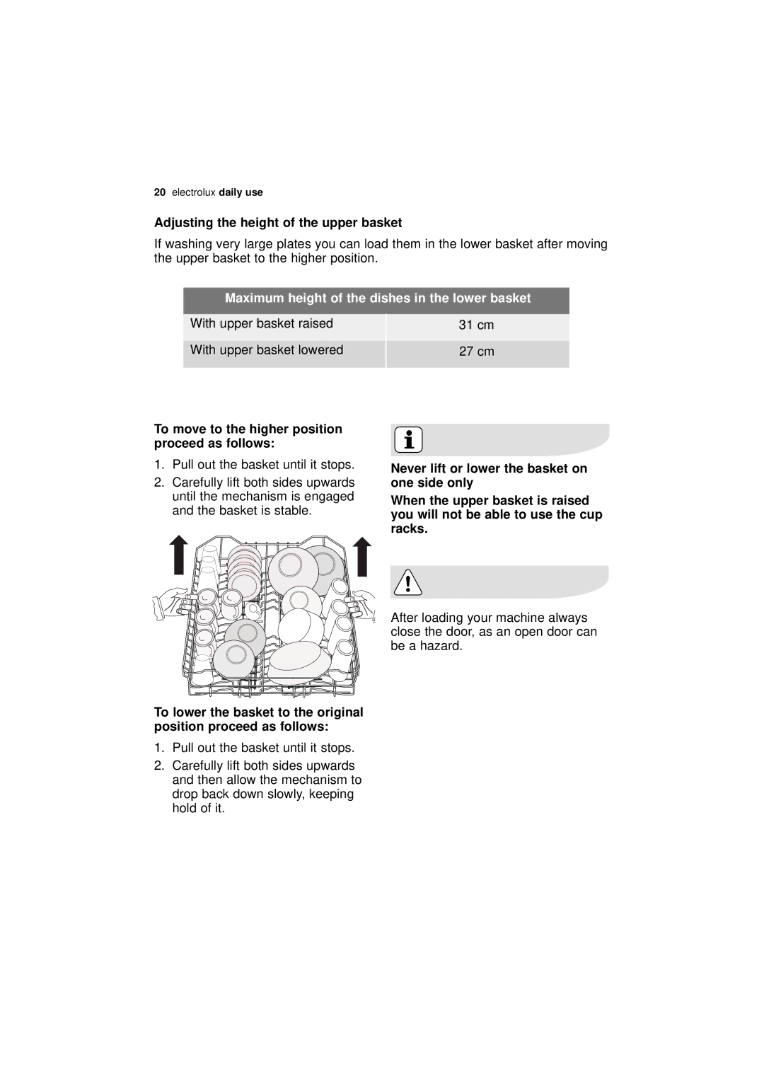 Electrolux ESF 66010 user manual Adjusting the height of the upper basket, Maximum height of the dishes in the lower basket 