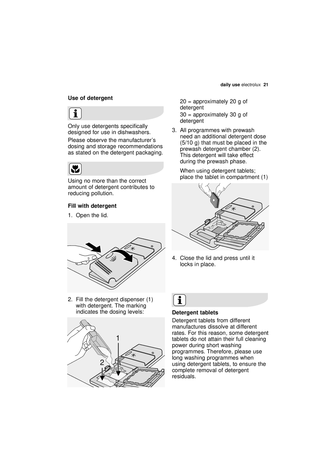 Electrolux ESF 66010 user manual Use of detergent, Fill with detergent, Detergent tablets 