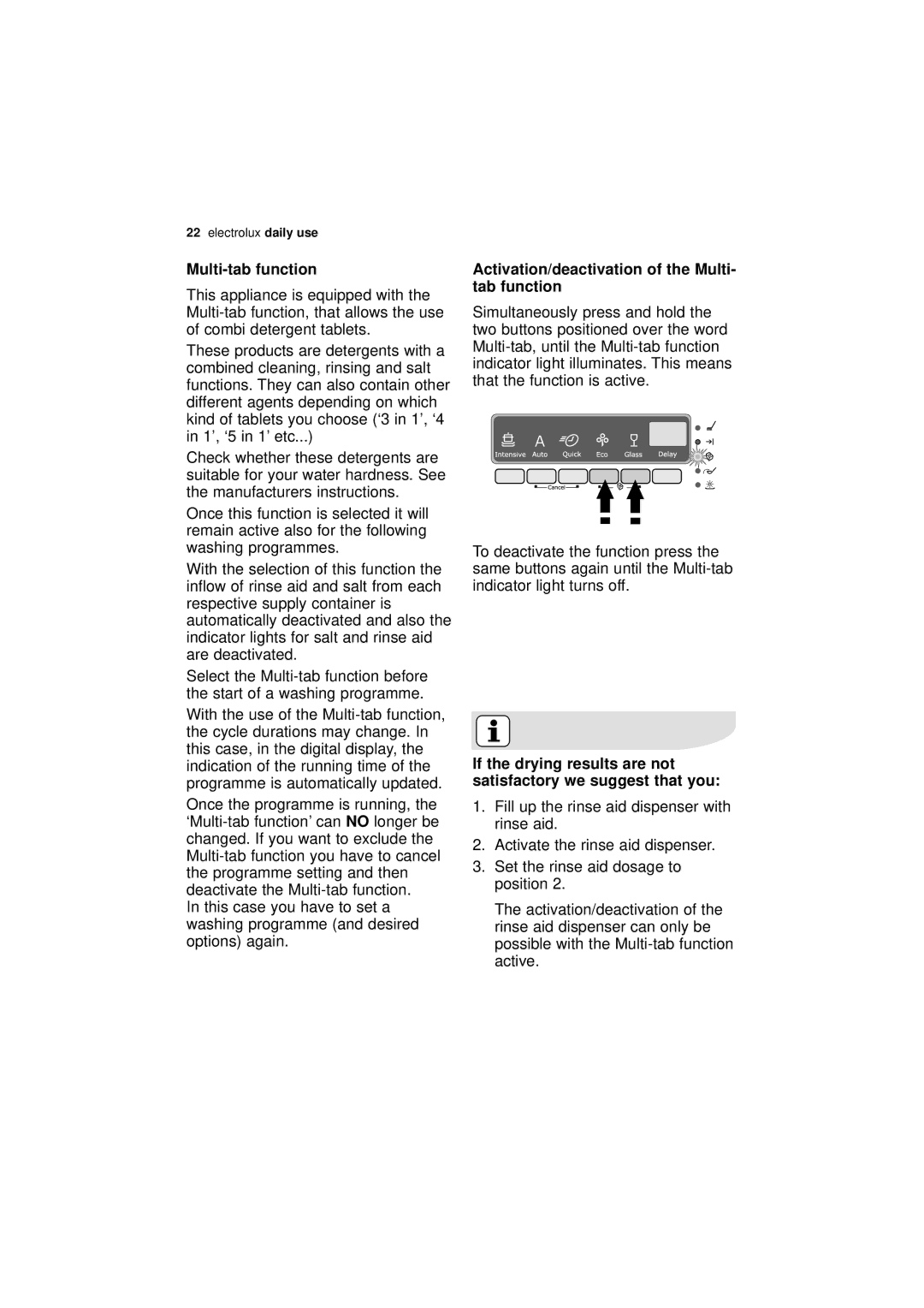 Electrolux ESF 66010 user manual Multi-tab function, Activation/deactivation of the Multi- tab function 