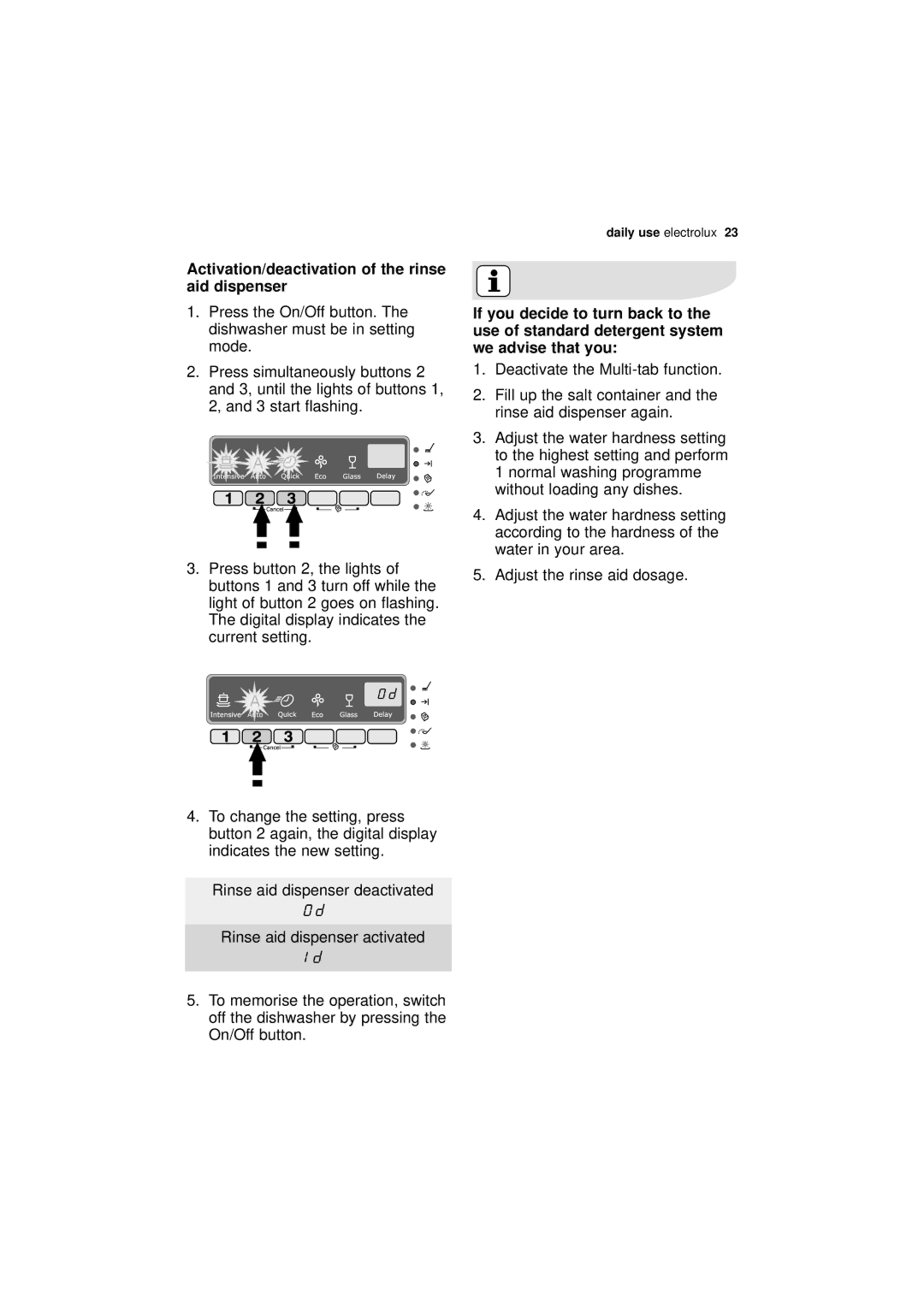 Electrolux ESF 66010 user manual Activation/deactivation of the rinse aid dispenser 