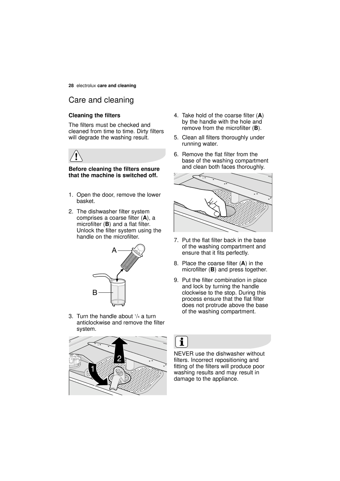 Electrolux ESF 66010 user manual Care and cleaning, Cleaning the filters 