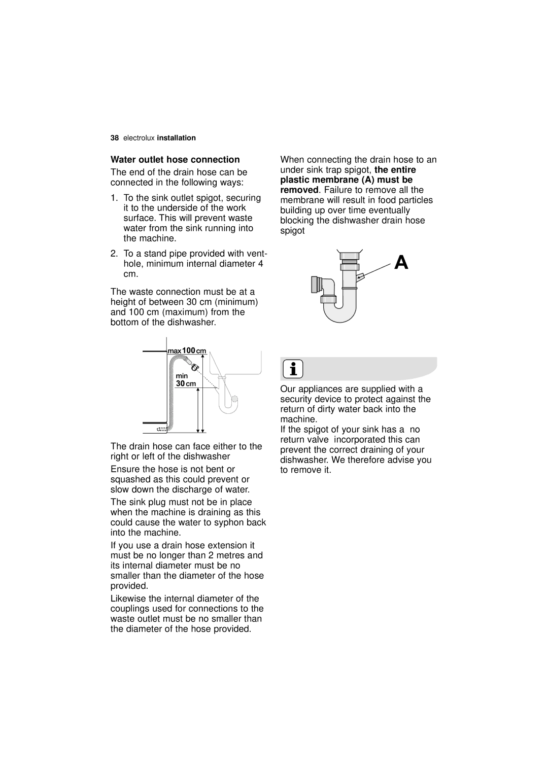 Electrolux ESF 66010 user manual Water outlet hose connection, Plastic membrane a must be 