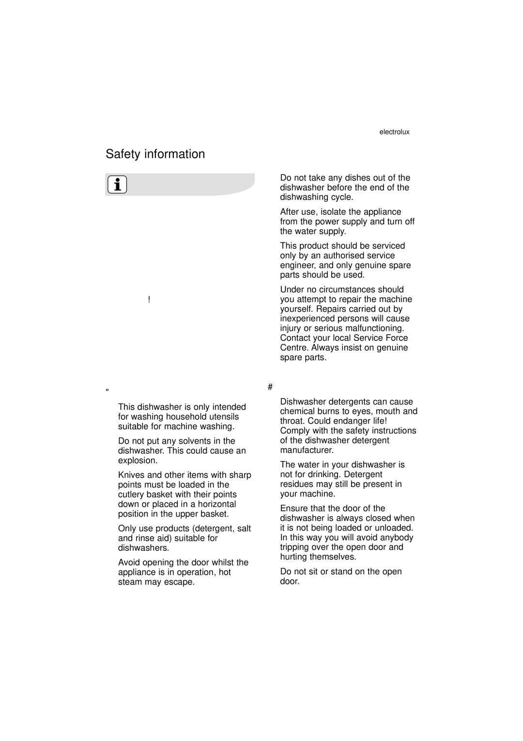 Electrolux ESF 66010 user manual Safety information, Correct use, General safety 