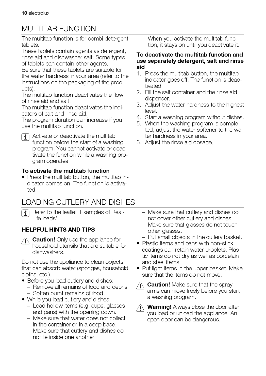 Electrolux ESF 66814 user manual Multitab Function, Loading Cutlery and Dishes, To activate the multitab function 