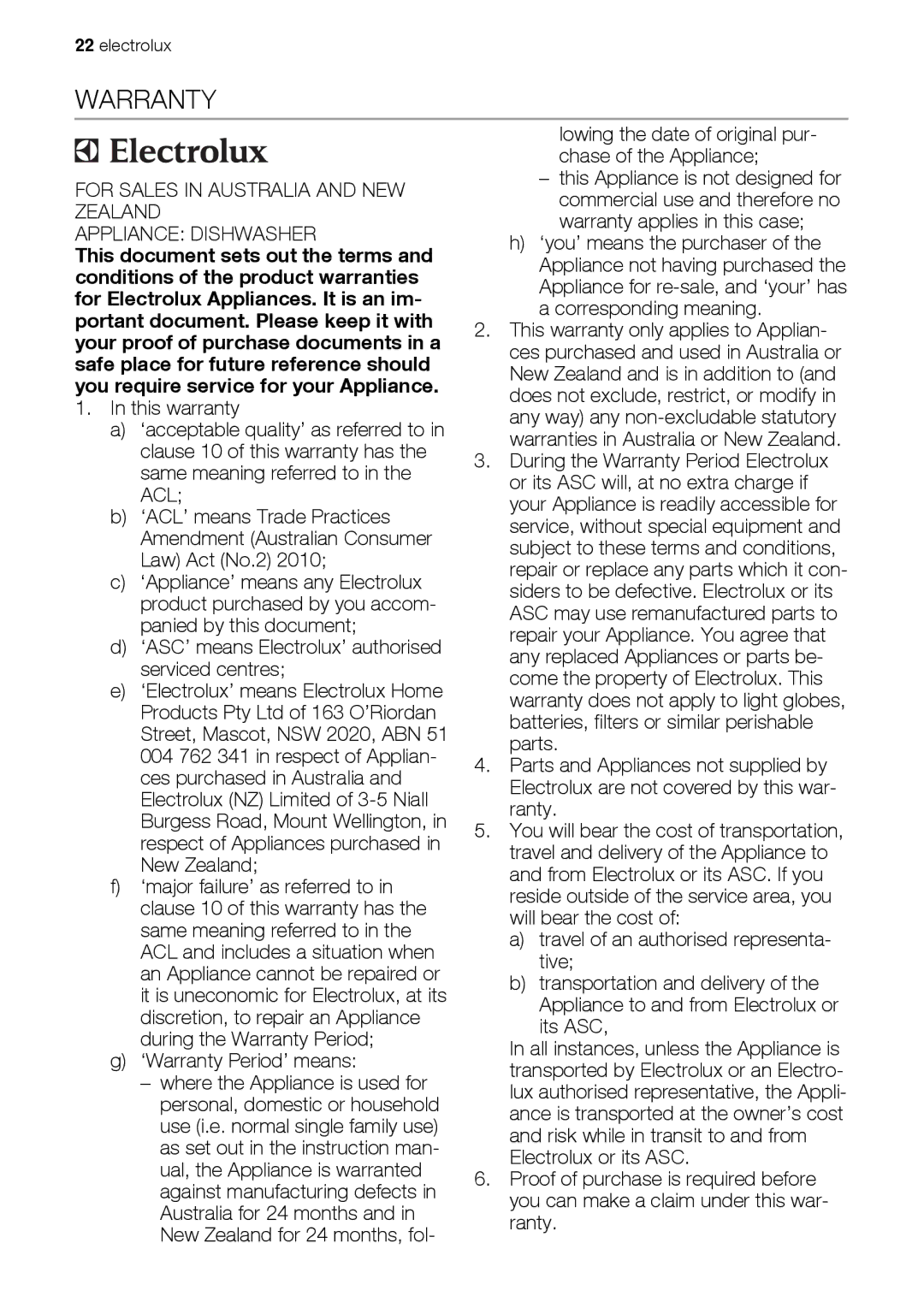 Electrolux ESF 66814 user manual ‘Warranty Period’ means 