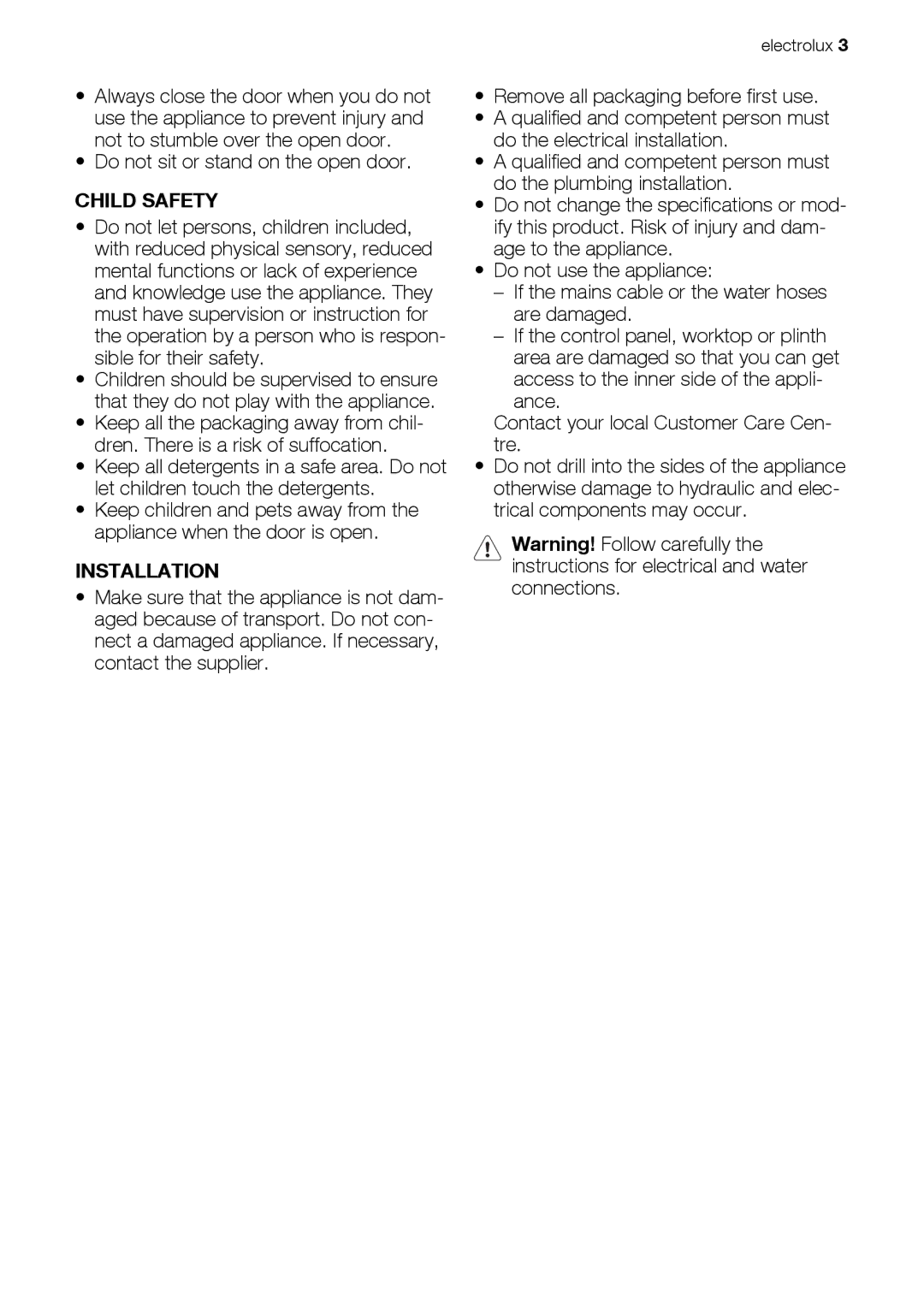 Electrolux ESF 66814 user manual Child Safety, Installation 