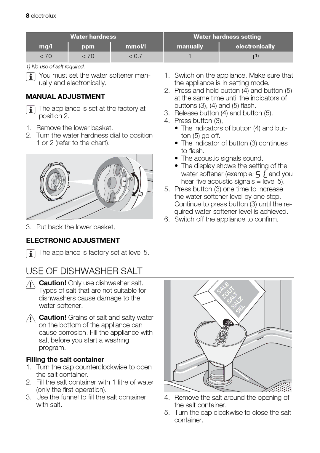 Electrolux ESF 66814 USE of Dishwasher Salt, Manual Adjustment, Electronic Adjustment, Filling the salt container 