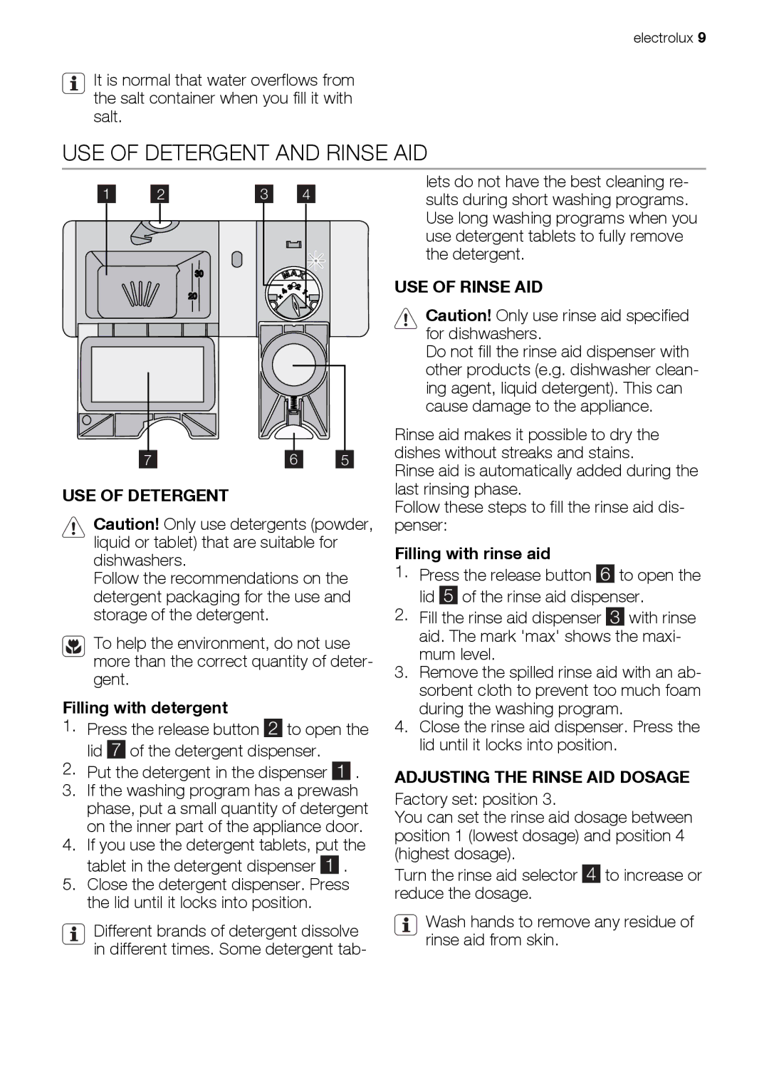 Electrolux ESF 66814 user manual USE of Detergent and Rinse AID, USE of Rinse AID, Adjusting the Rinse AID Dosage 