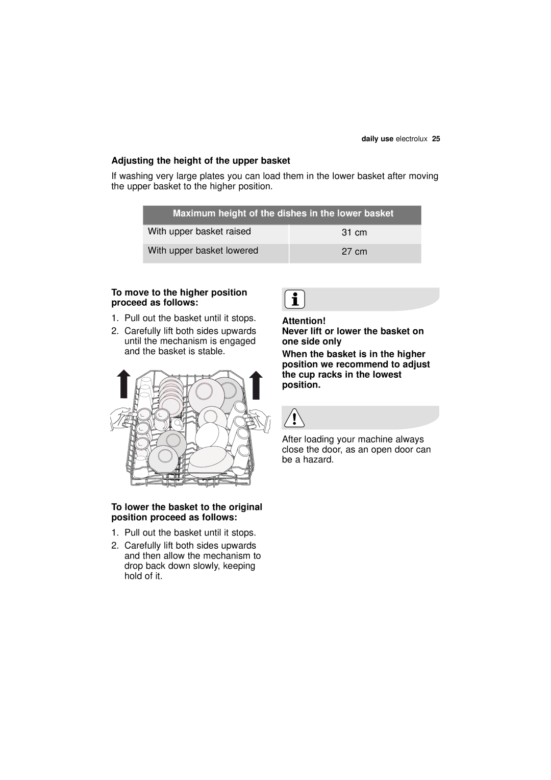 Electrolux ESF 68010 user manual Adjusting the height of the upper basket, Maximum height of the dishes in the lower basket 