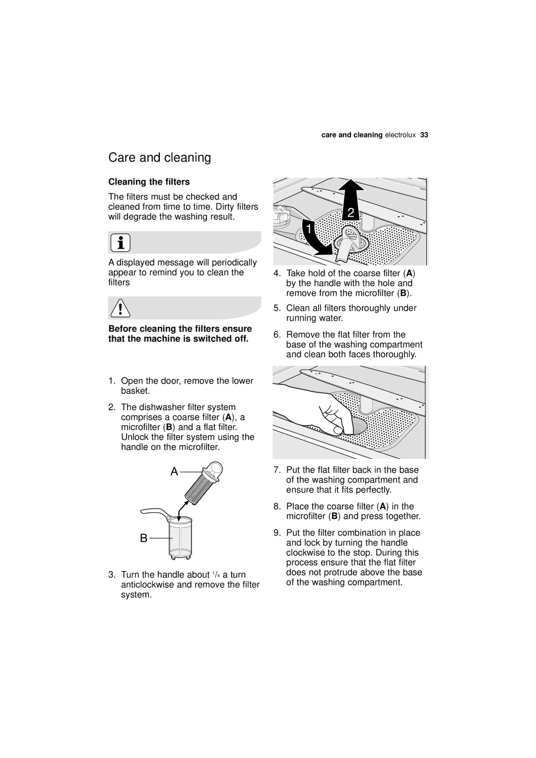 Electrolux ESF 68010 user manual Care and cleaning, Cleaning the filters 