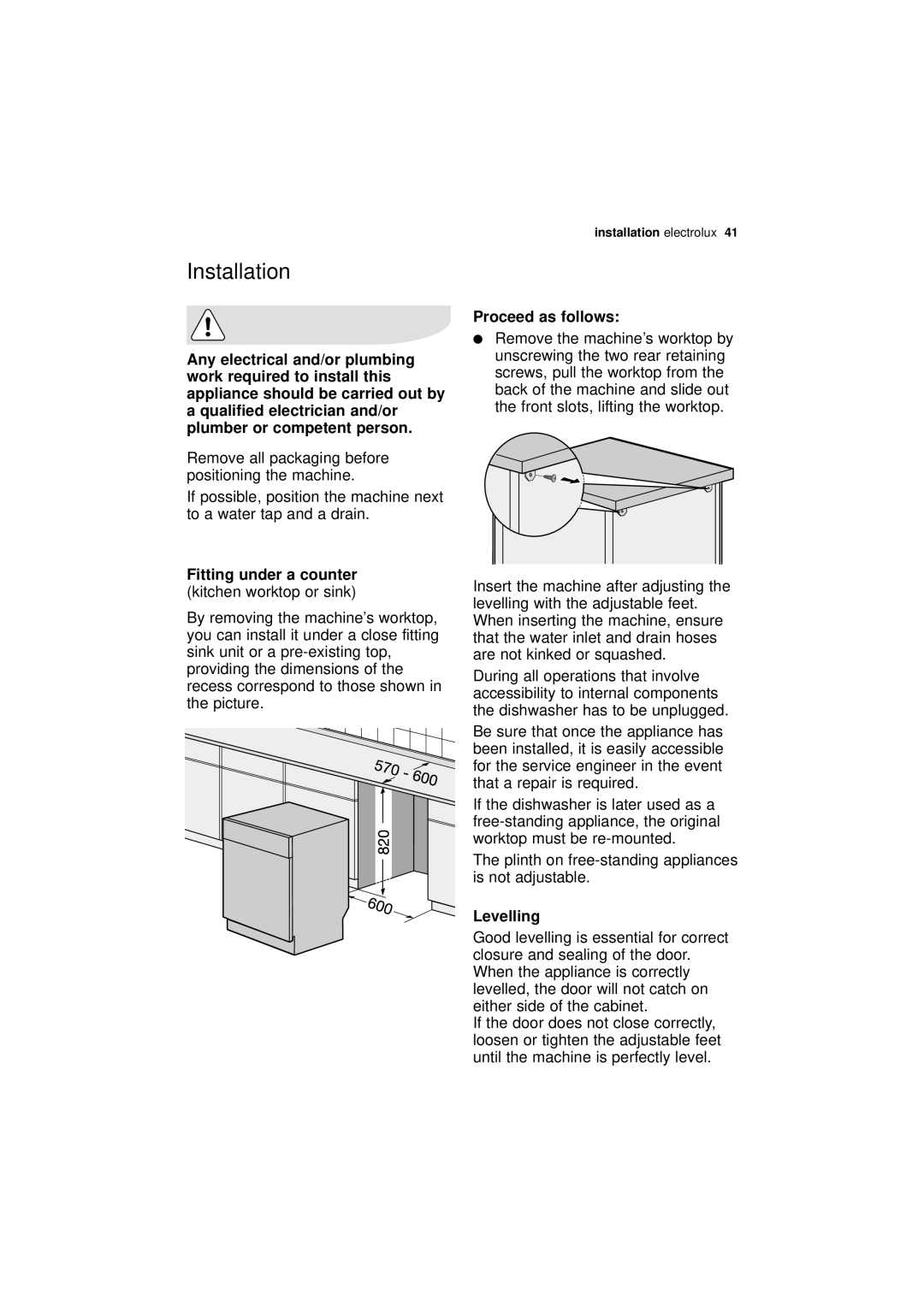 Electrolux ESF 68010 Installation, Fitting under a counter kitchen worktop or sink, Proceed as follows, Levelling 