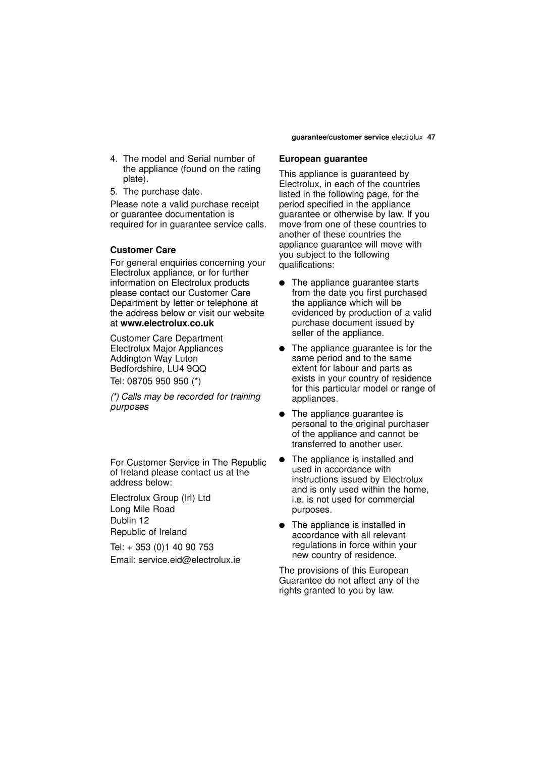 Electrolux ESF 68010 user manual Customer Care, European guarantee 